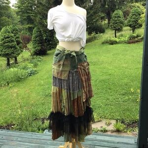 Boho up-cycled tiered patchwork overdyed jean / cotton distressed maxi skirt M/L